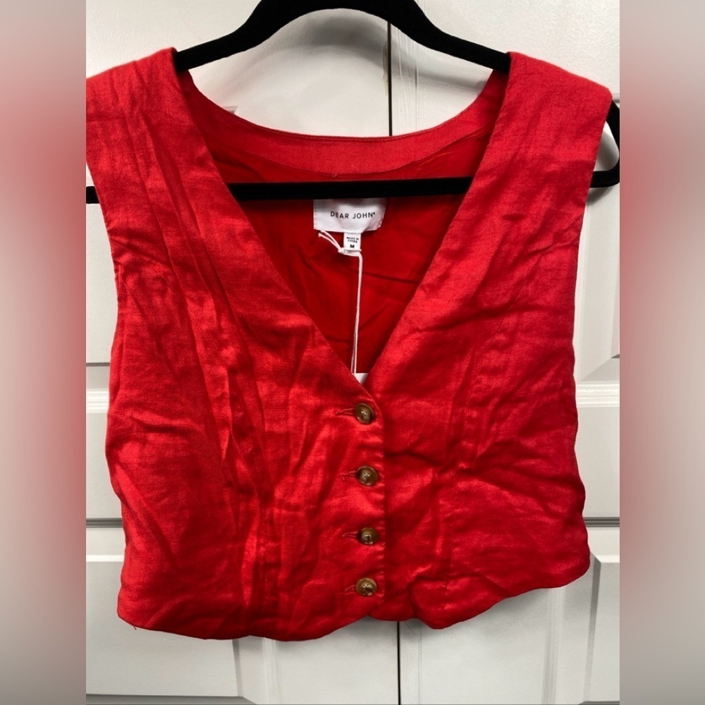 Dear John Denim Vest Waist Coat Top Fire Red Linen Blend Norris Medium
